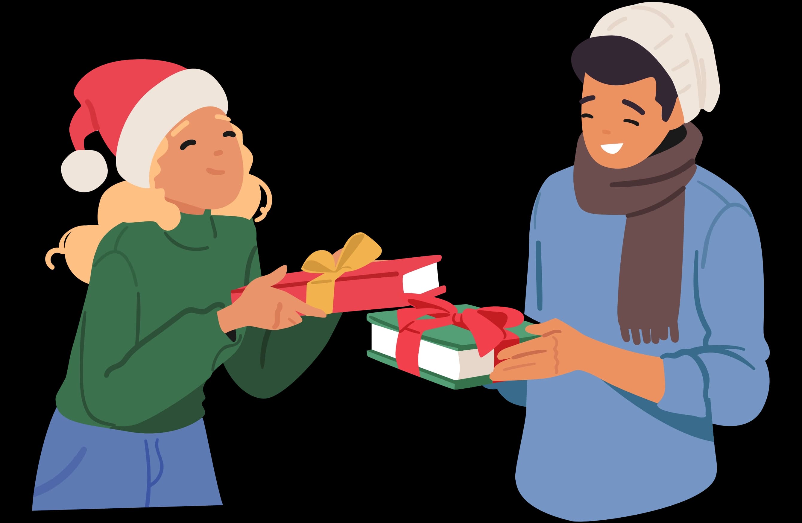 Two people exchanging gifts.